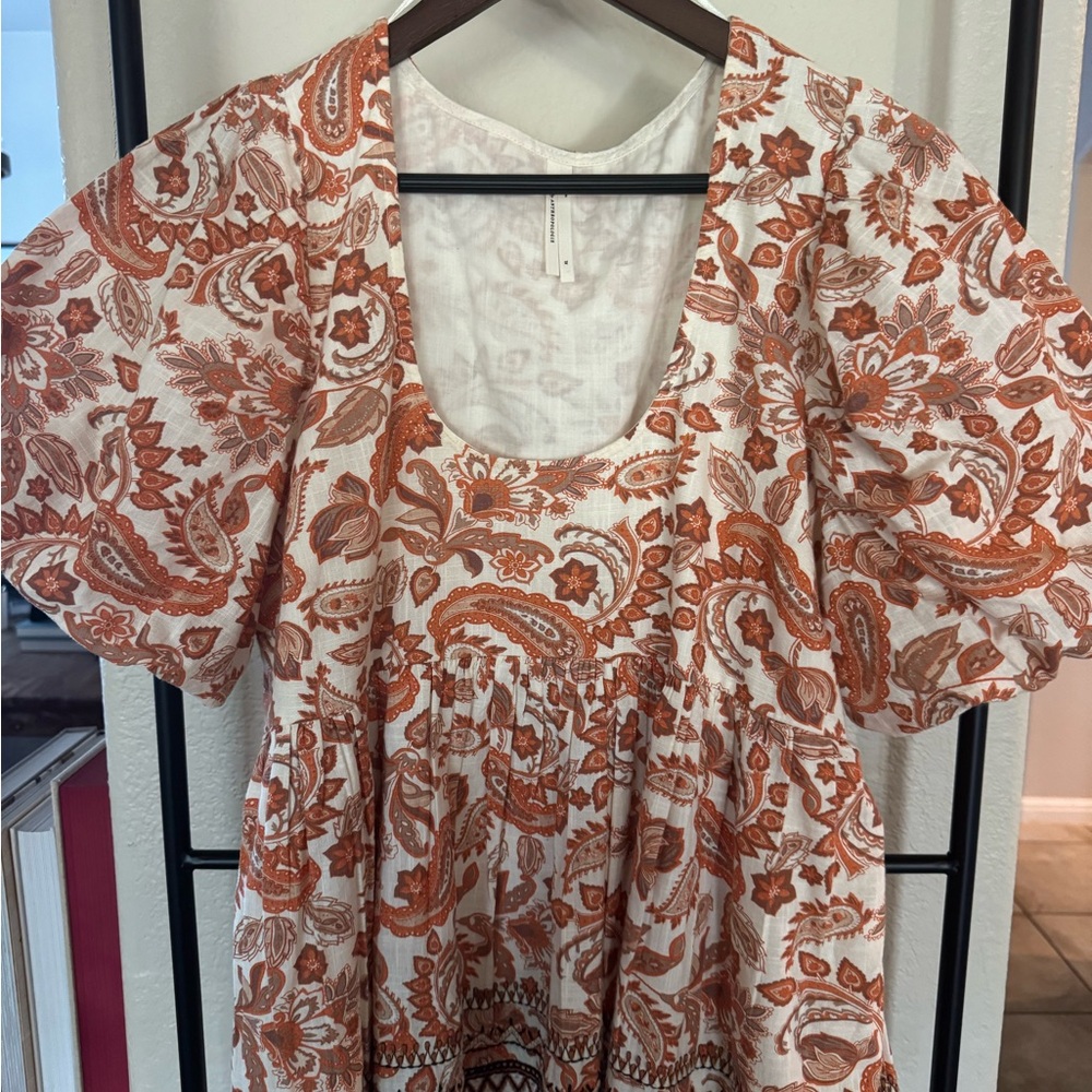 Anthropologie Relaxed Ruffled Puff Sleeve Blouse in White and Orange